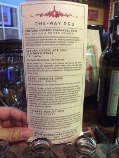 Red Wine flight list for wine tasting