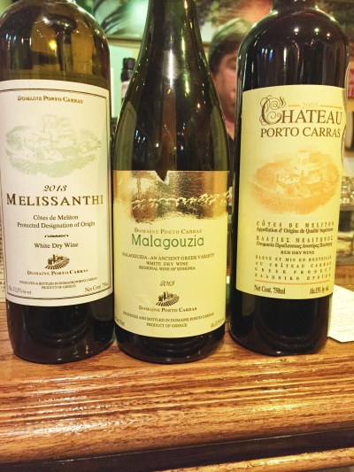 Bottles of Greek wine, 2013 Melissanthi,  2013 Malagouzia, 2005  Cotes de Meliton
